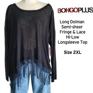 Bongo Plus 2X Black High Low BOHO Semi Sheer Top with Lace & Fringe NWT